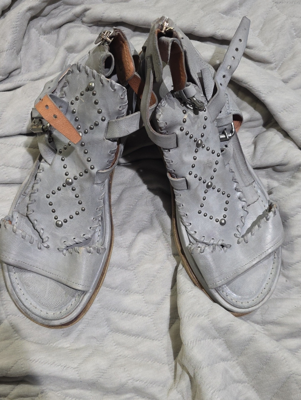 A.S.98 Light Gray Studded Leather Open-Toe Sandals